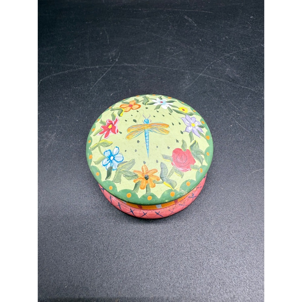 Hand Painted Wooden‎ Trinket Box Dragonfly Floral Round Folk Art Boho Storage
